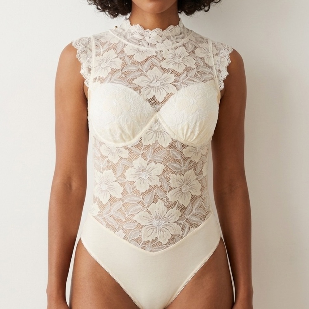 New La Perla Vintage Sheer Floral Lace High-Neck Bodysuit - Cream #046